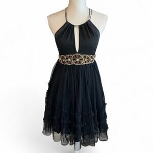Y2k Vintage Free People mini Dress Black Boho Beaded Tulle Open Back whimsigoth